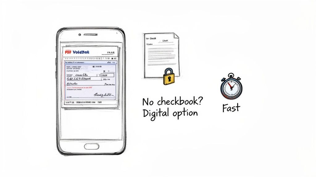 Digital check options on a smartphone, showing a voided check, secure document, and stopwatch for speed.