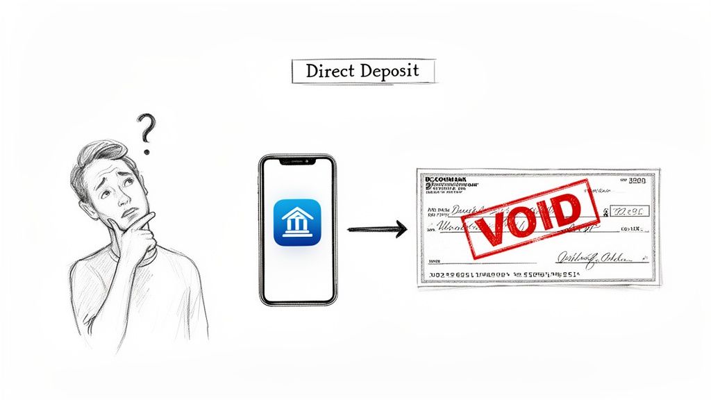Illustration of a man pondering direct deposit setup, using a bank app and a voided check.