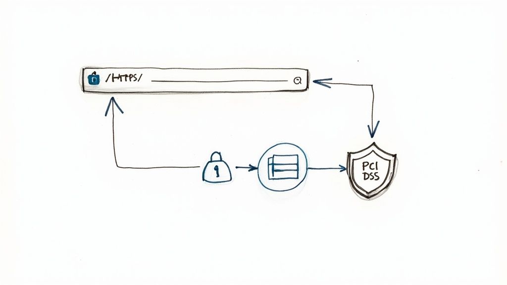 A diagram illustrating secure HTTPS browser connection, data processing, and PCI DSS compliance flow.
