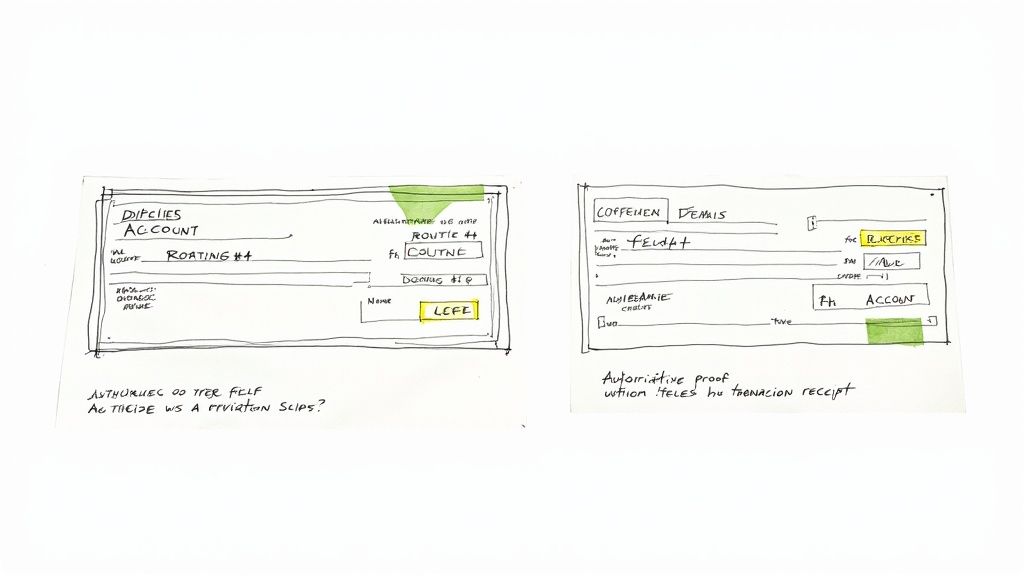 Two hand-drawn sketches resembling bank forms or deposit slips with handwritten text and highlights.