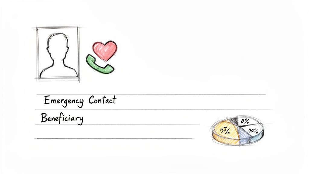 Hand-drawn sketch showing icons for emergency contact and beneficiary details with a percentage pie chart.