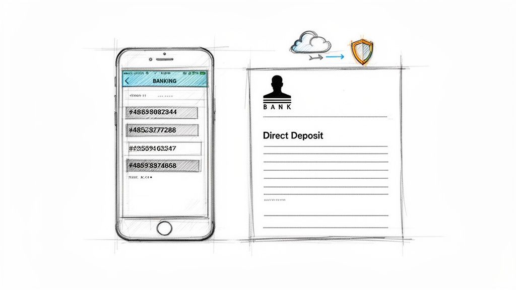 A sketch illustration showing a mobile banking app with numbers, a direct deposit form, and secure cloud transfer.