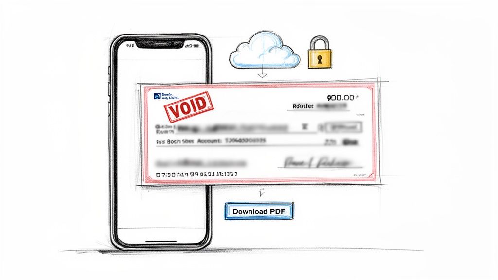 A smartphone sketch displaying a voided check, secured in cloud storage, with a download PDF option.