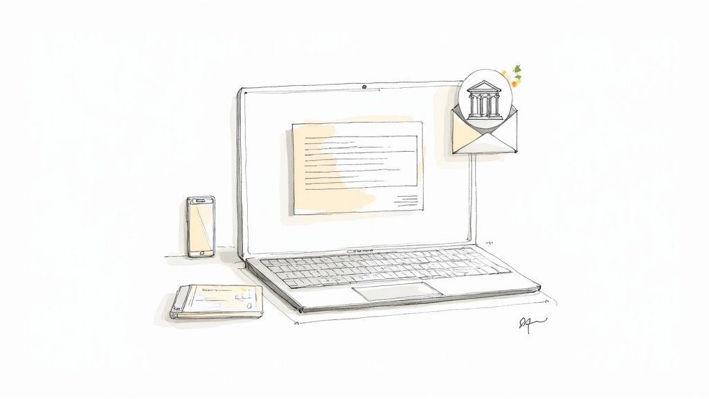 A minimalist drawing of a laptop displaying an email icon with a bank, alongside a phone and checkbook.