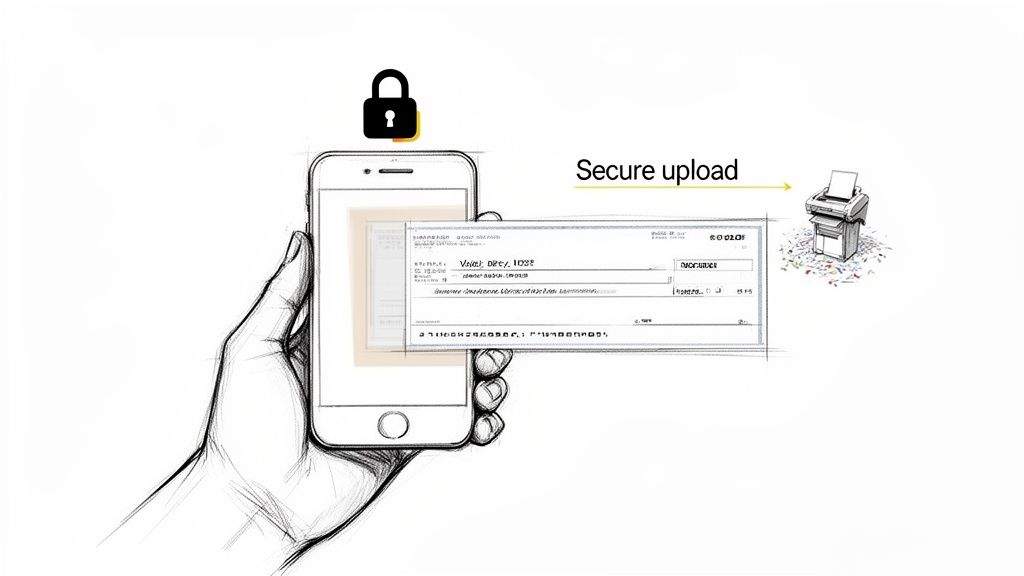 A hand holds a smartphone displaying a check with a lock icon, indicating a secure mobile check process before shredding.