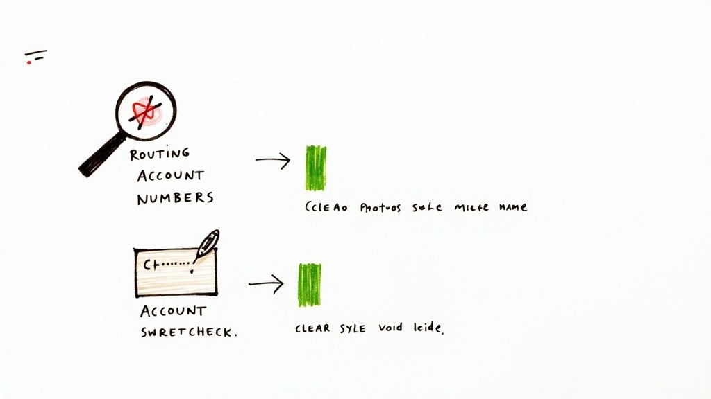 Hand-drawn illustration showing steps to create a voided check, including routing and account number information.