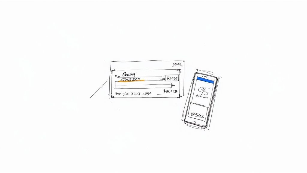 A hand-drawn sketch of a check or deposit slip next to a smartphone, symbolizing mobile banking.