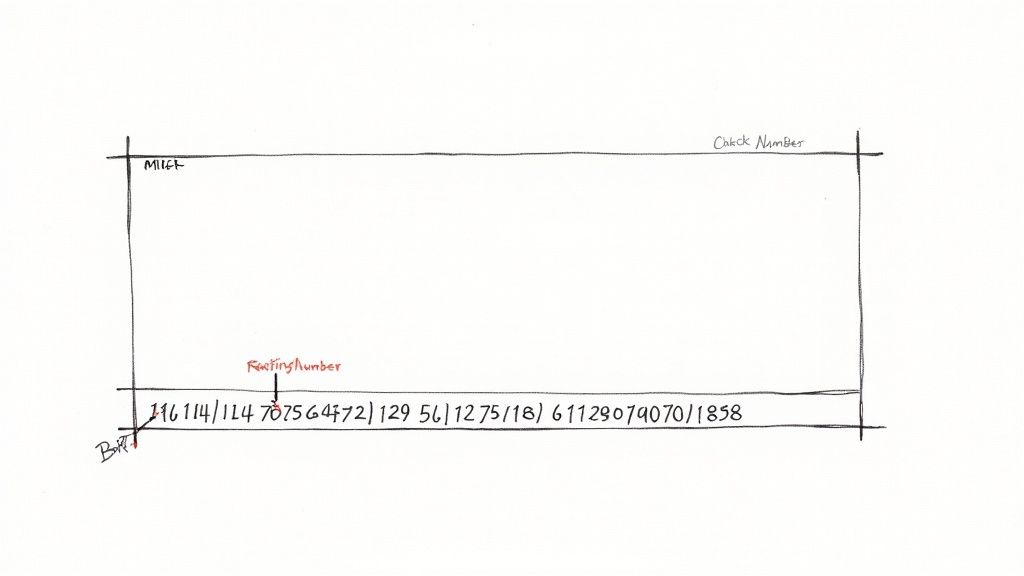 Diagram illustrating a bank check layout with labels for MICA, Check Number, and Routing Number.