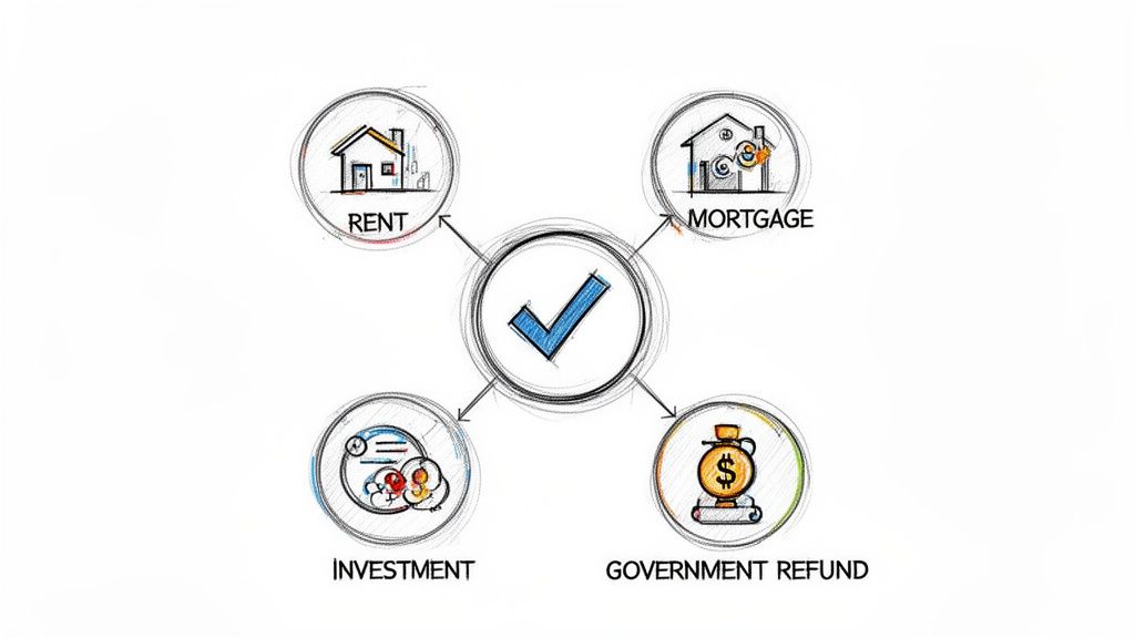 A diagram showing a central checkmark connecting to Rent, Mortgage, Investment, and Government Refund options.