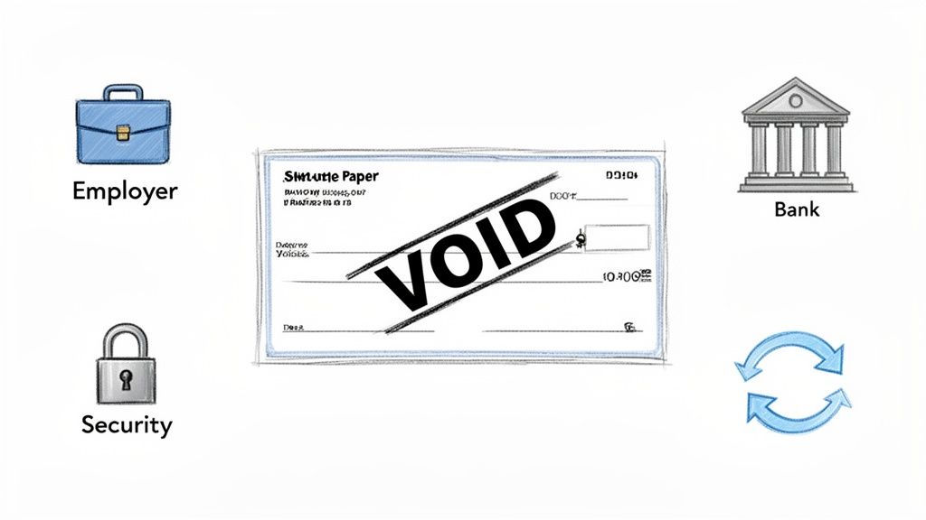 A diagram illustrating the concept of a voided check with icons for employer, security, and bank.