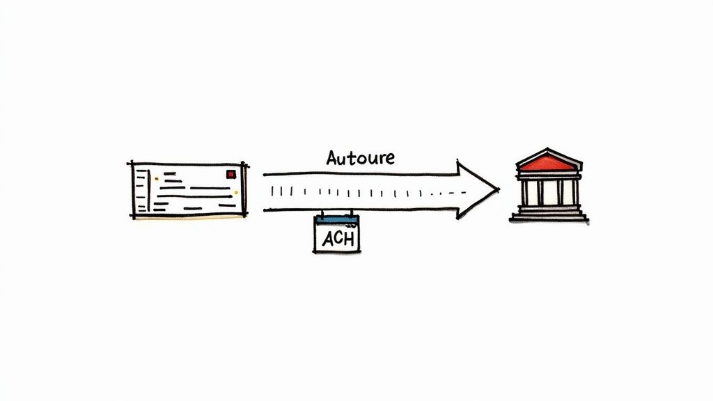 Diagram illustrating a check transforming into an ACH payment, with an arrow leading to a bank building.