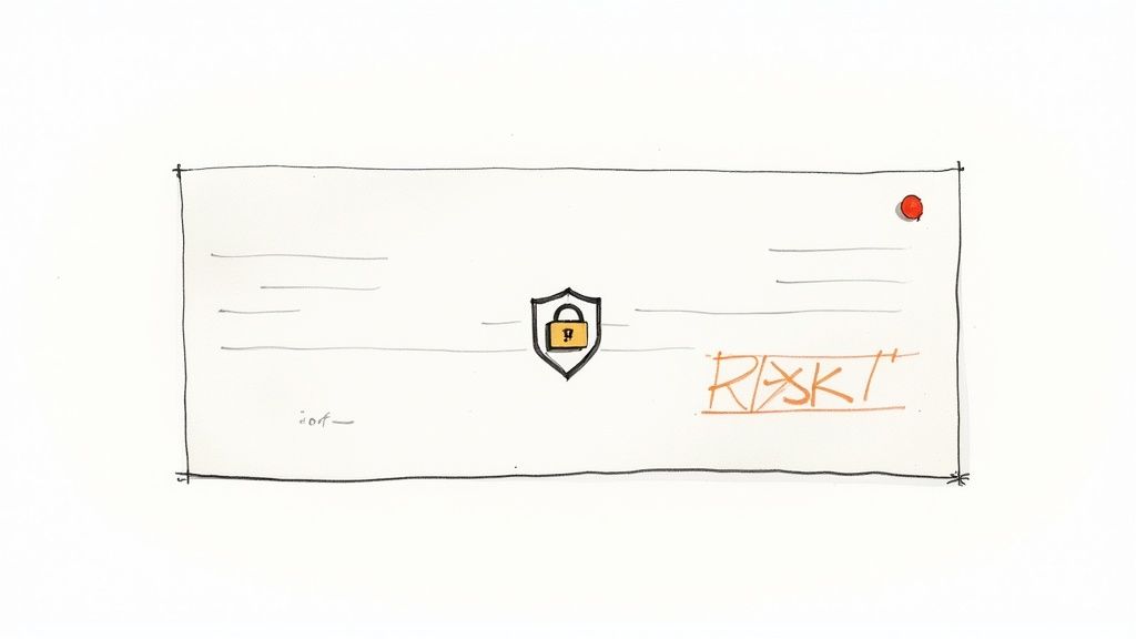 A hand-drawn illustration of a voided check with a security padlock and 'RISK' crossed out.