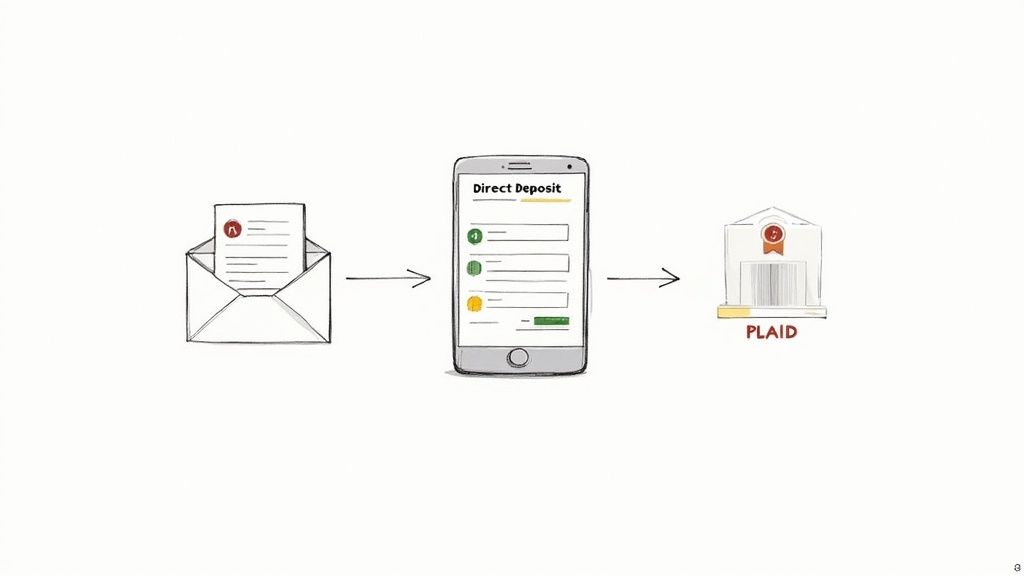 Direct deposit process showing letter, smartphone form, and Plaid verification system flowchart diagram