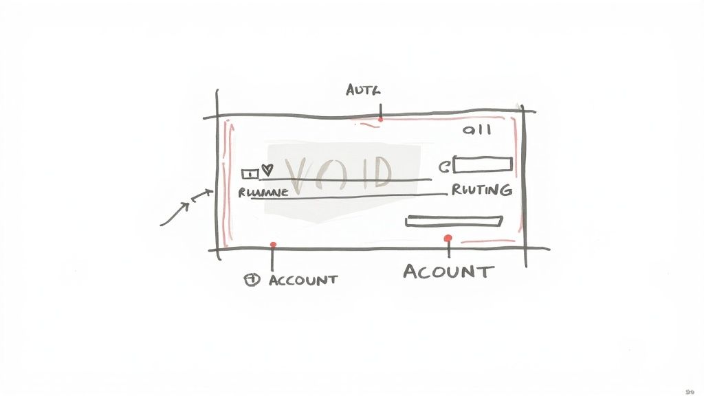 Hand-drawn diagram of a voided check, showing 'VOID' text, routing, and account number fields.