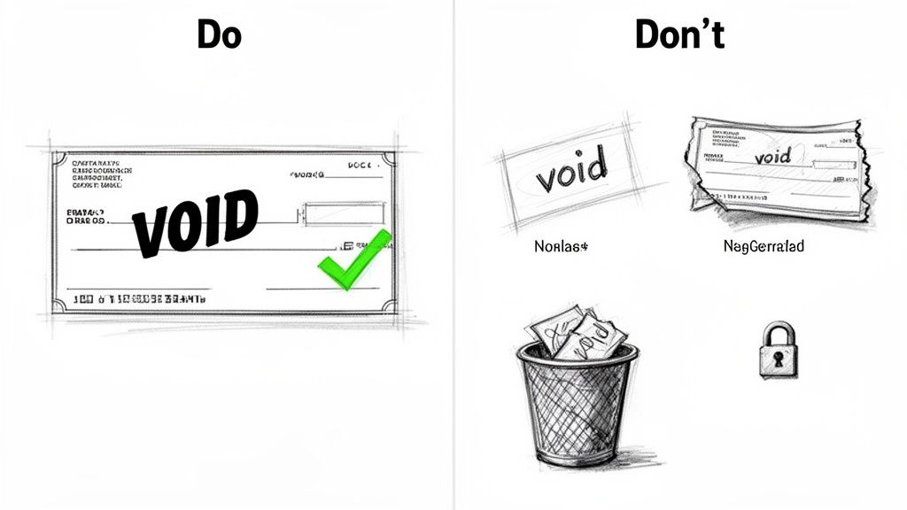 Illustration showing the correct way to void a check with a bold 'VOID' and various incorrect ways.