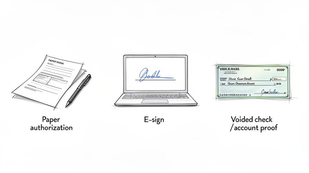 Illustrations showing paper authorization form, e-signature on a laptop, and a voided check for account proof.