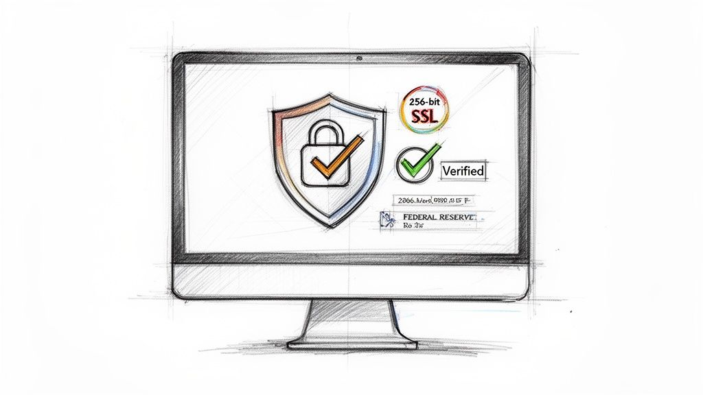A sketch of a computer monitor displaying online security features like SSL, verified badges, and financial details.