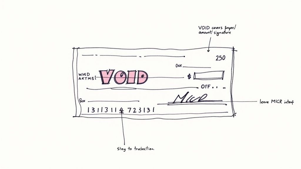 Hand-drawn sketch illustrating a voided check, showing 'VOID' text and annotations for proper execution.