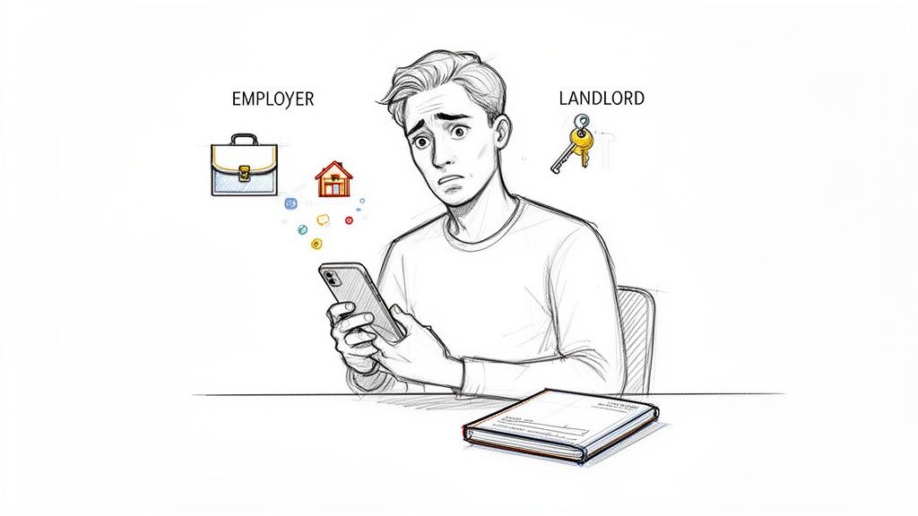 A worried man checking his phone, with symbols for employer and landlord overhead, illustrating financial stress.