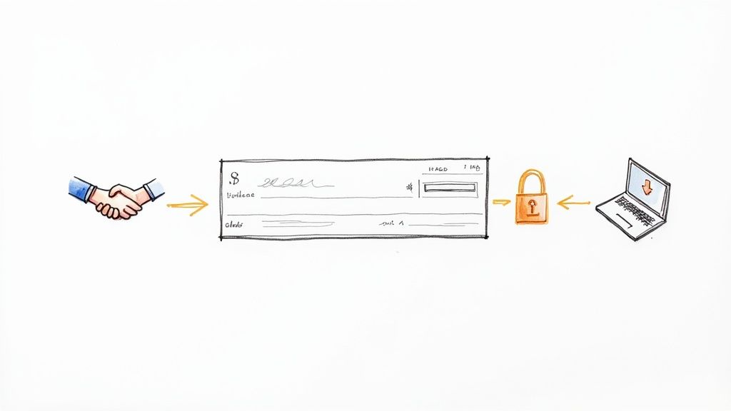 Diagram showing handshake, voided check, security padlock, and laptop illustrating secure check voiding process