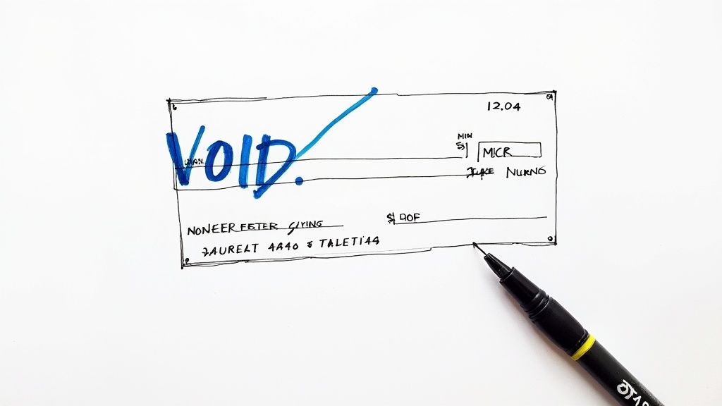 A hand-drawn voided check with the word 'VOID.' written in large blue letters.