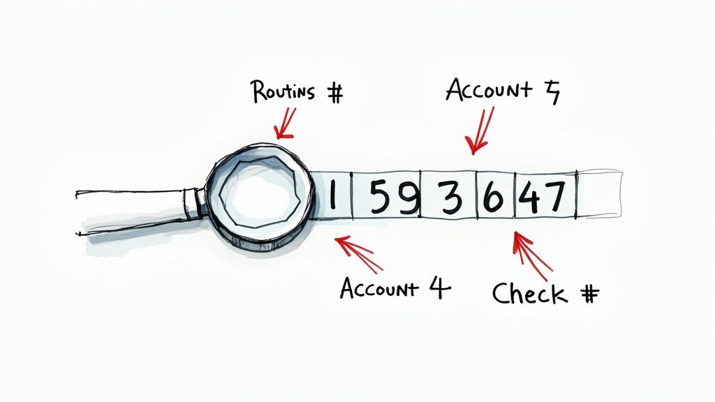 A magnifying glass highlights routing, account, and check numbers on a segmented bar.