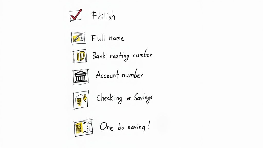 A handwritten checklist with icons for banking information, including name, account, routing, and checking or savings.