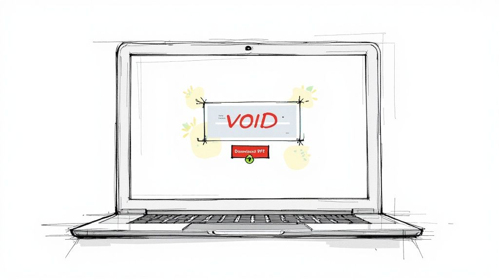 A sketch of a laptop displaying a voided check document on its screen with a download button.
