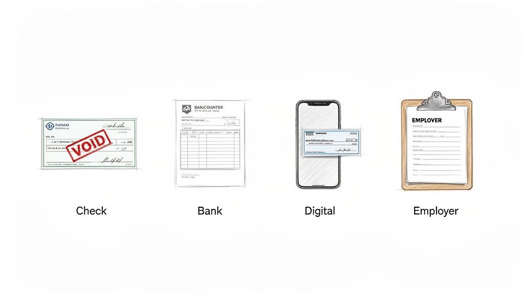 Four illustrations showing how to obtain bank account information: voided check, bank form, digital check, and employer document.