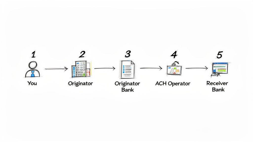 A diagram illustrating the 5-step ACH transaction process involving you, originator, banks, and an operator.