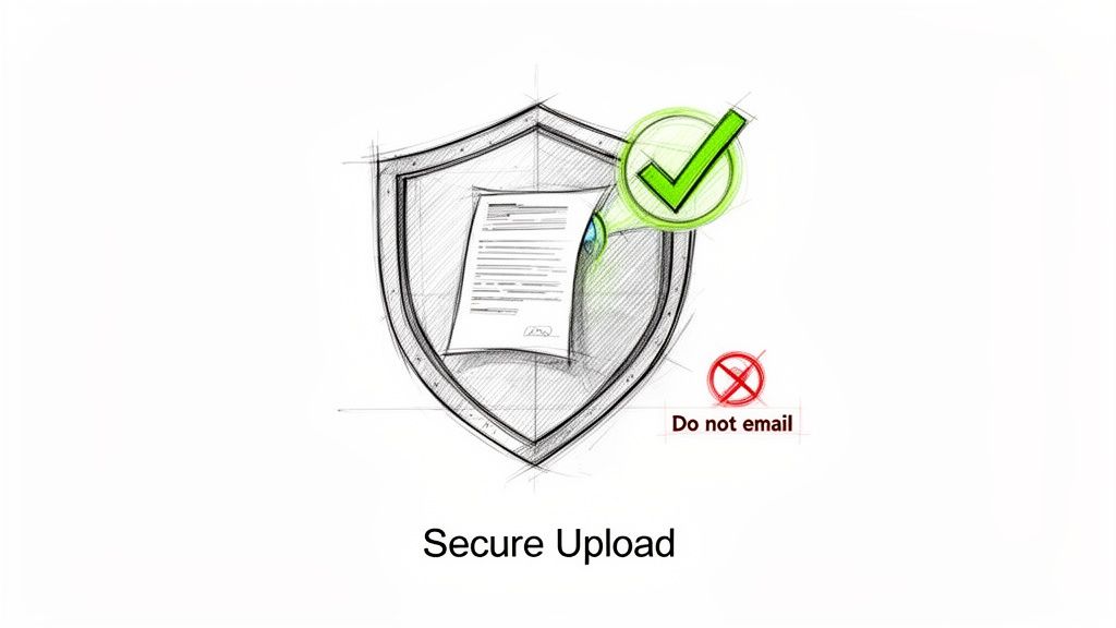 A sketchy shield protects a document with a green check, symbolizing secure upload and a 'Do not email' warning.
