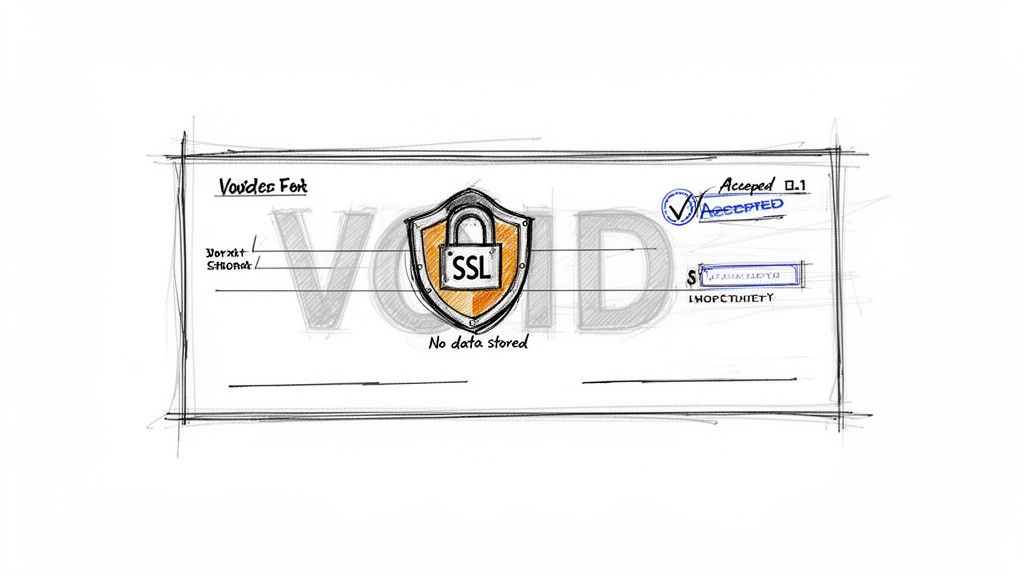 A hand-drawn sketch of a voided check with a prominent SSL security shield and 'No data stored' text.