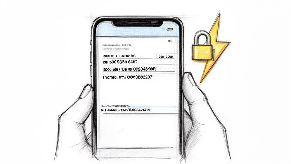 A sketch of hands holding a smartphone displaying financial data with a security padlock and lightning bolt icon.