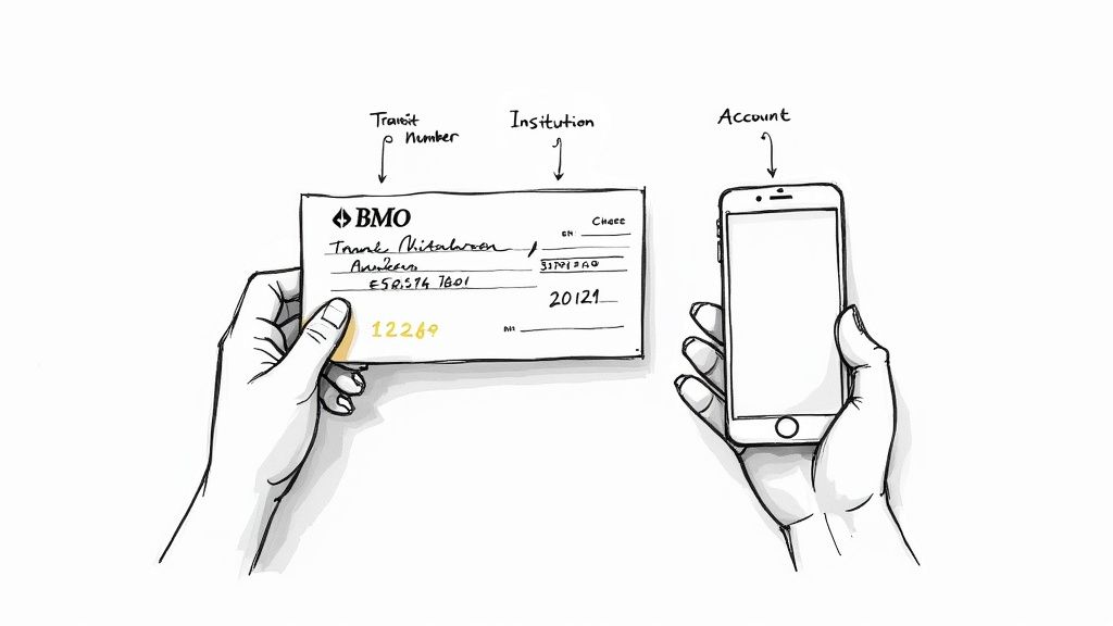 Illustration showing hands holding a BMO check and a smartphone for mobile deposit, highlighting key banking numbers.
