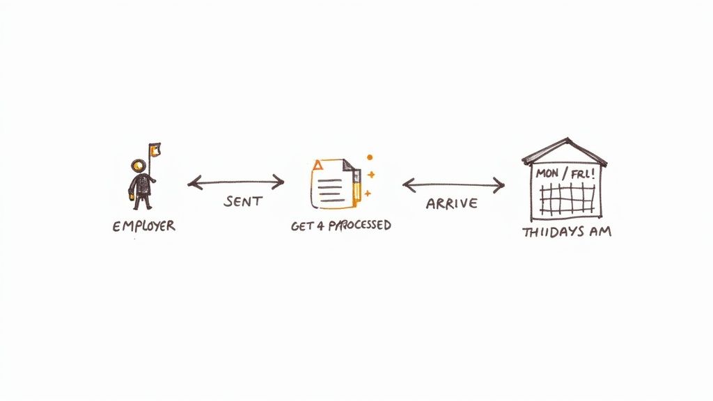 A hand-drawn diagram illustrating the steps from an employer sending documents to processing and arrival by Thursday morning.