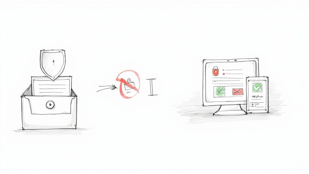 Sketch of secure documents, unlocking process, and digital direct deposit setup on computer and tablet.