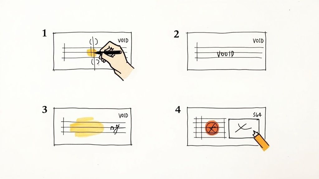 Four panels illustrating the process of how to void a check or document with a pen.