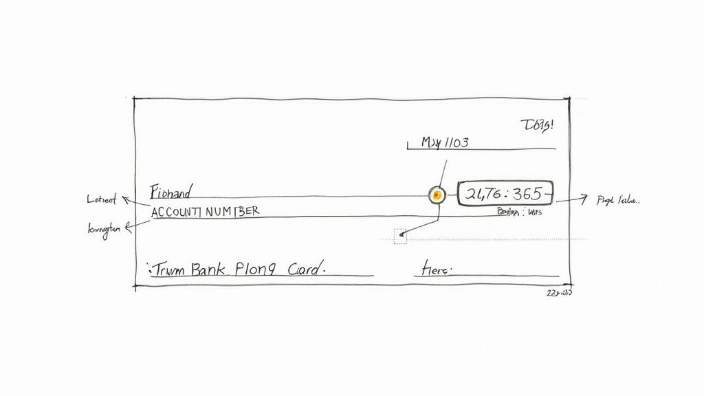 A detailed handwritten sketch of a direct deposit form, highlighting account number, bank, and financial value.