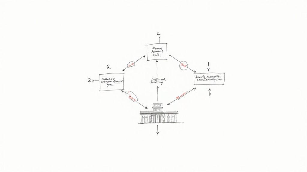 Hand-drawn financial diagram illustrating processes like account setup, remittances, and security arrangements.