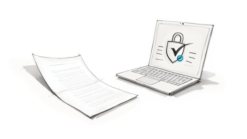 A sketch showing a paper document and a laptop displaying a security icon with a padlock, shield, and checkmark.