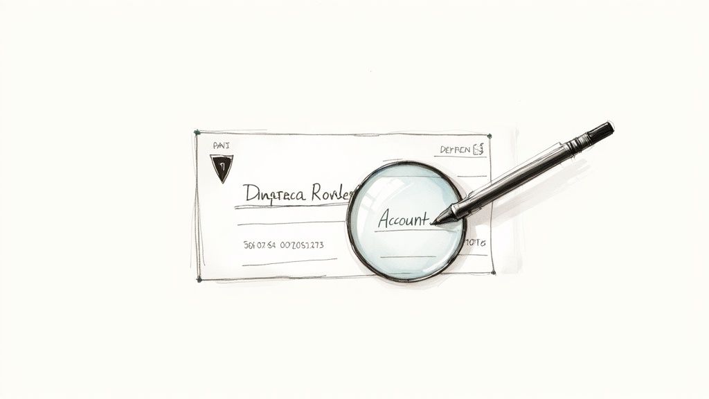 A hand-drawn illustration of a bank check with a magnifying glass highlighting the 'Account' field, beside a pen.