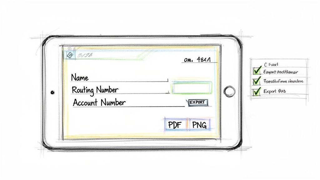 A hand-drawn sketch of a tablet displaying a form with input fields for financial details and export options.