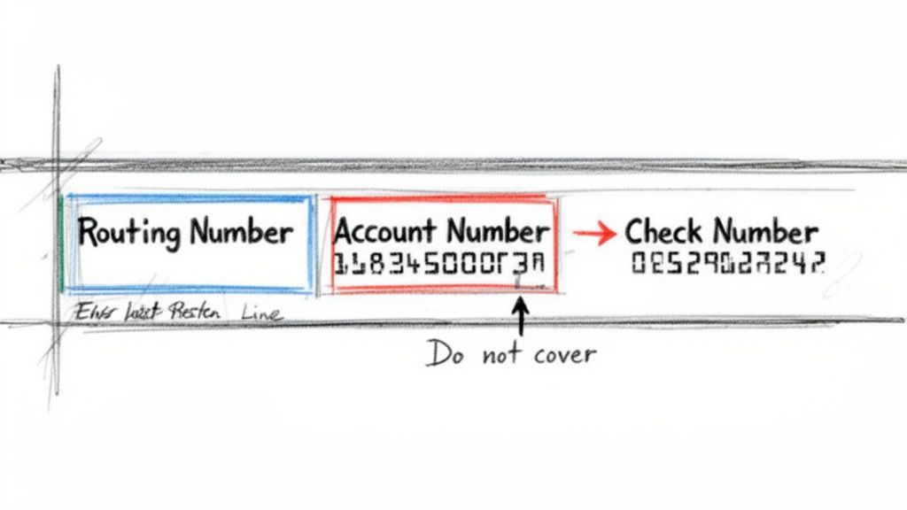 Diagram illustrating a check, highlighting routing, account, and check numbers, with 'Do not cover' instruction.