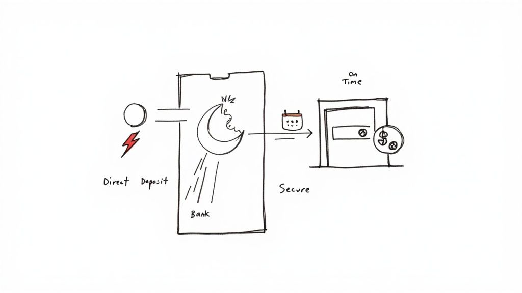 Diagram illustrating a secure and on-time direct deposit process into a bank account.