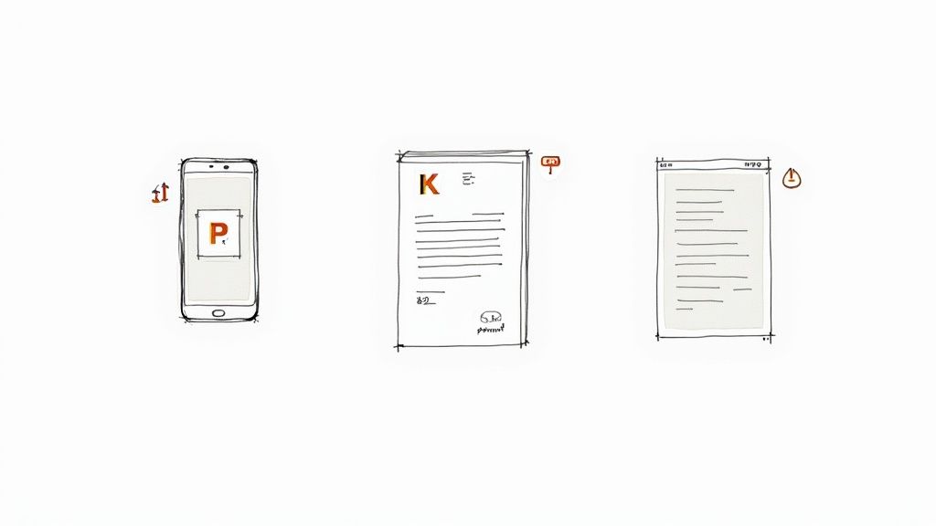Hand-drawn sketches: a smartphone with 'P', a document with 'K' and a mailbox icon, and another document with an alert icon.