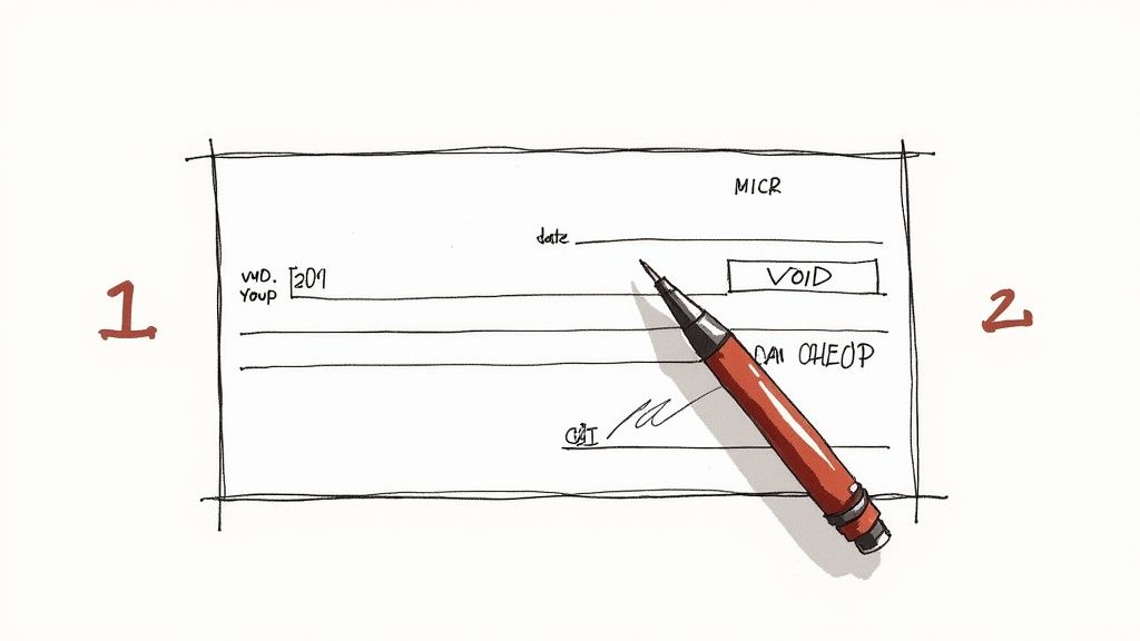 A hand-drawn sketch illustrating a void check with a pen, demonstrating how to mark it.