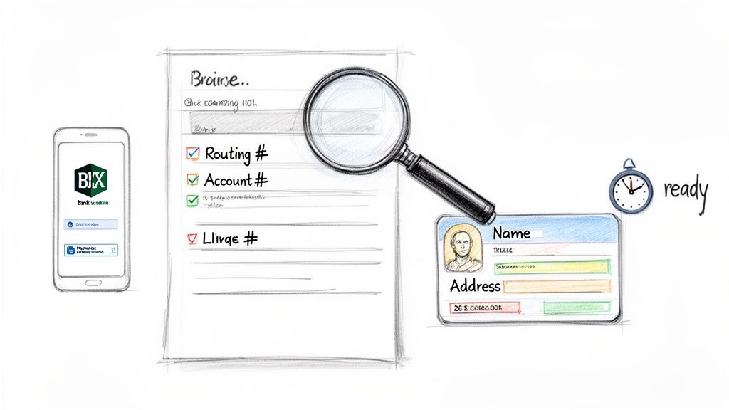 A digital banking workflow showing a mobile app, document verification, and user profile data ready.