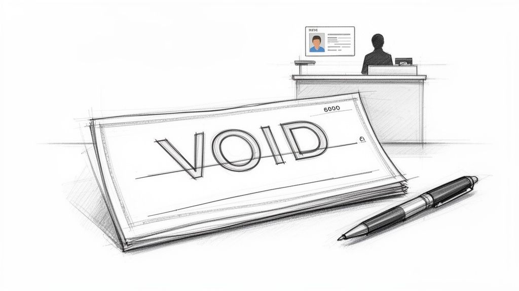 A black and white sketch depicts a voided check, a pen, and a bank counter with an ID.