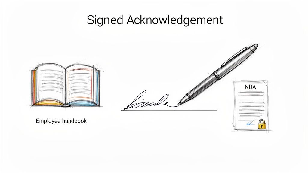 Illustration showing a pen signing an acknowledgement, an employee handbook, and an NDA document with a padlock.