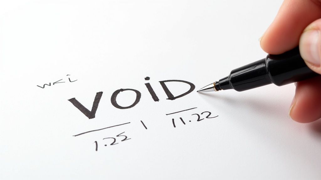 Close-up of a hand writing the word 'void' and numbers on white paper with a black pen.